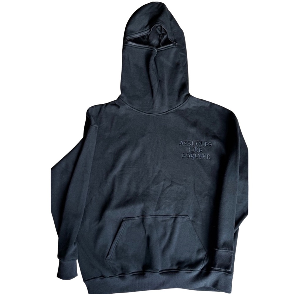 Assholes Live Forever black full-zip hoodie in size XXL. Edgy and hard-to-find